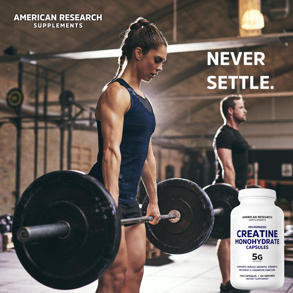 American Research Supplements Creatine Monohydrate Capsules 5G factory shot communicates cGMP quality