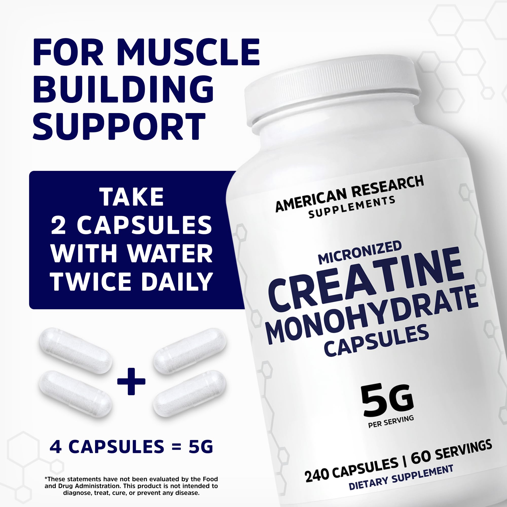 American Research Supplements Creatine Monohydrate Capsules 5G gluten-free non-GMO assurance on packaging