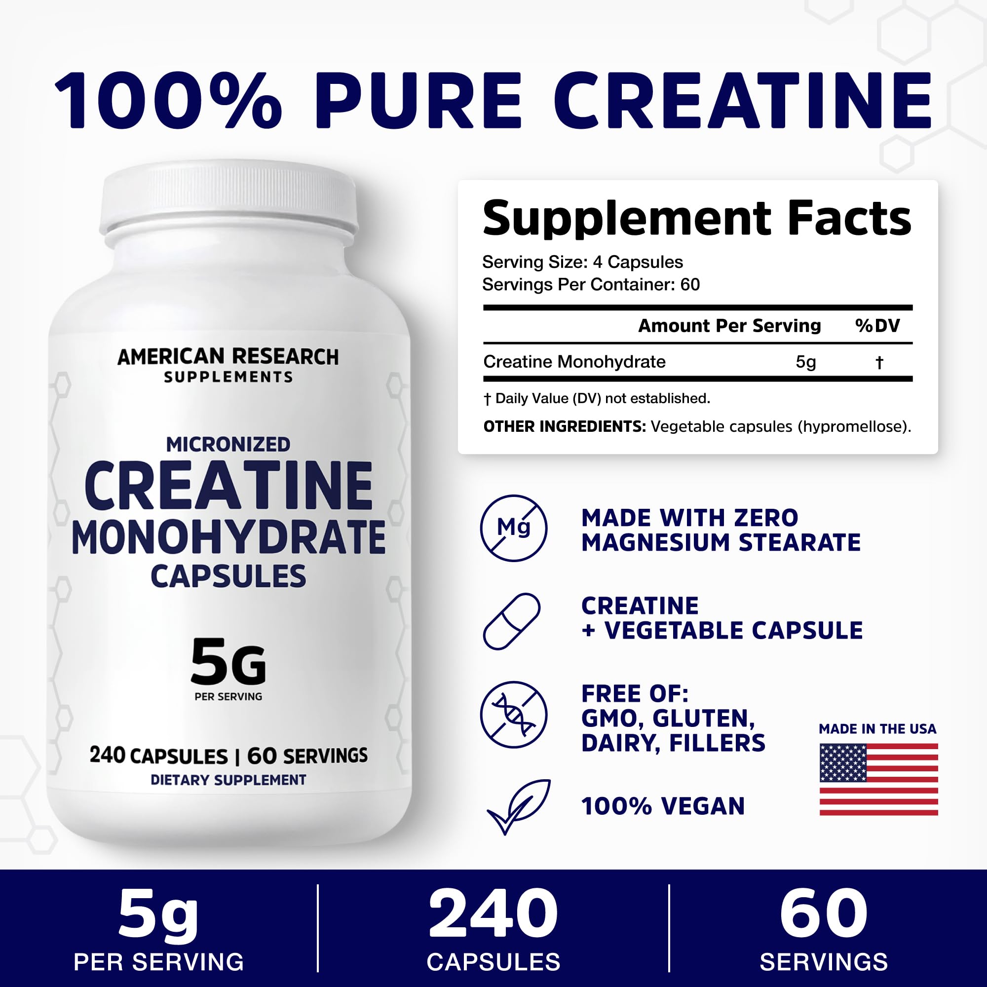 American Research Supplements Creatine Monohydrate Capsules 5G label detail notes vegan capsules and clean formula