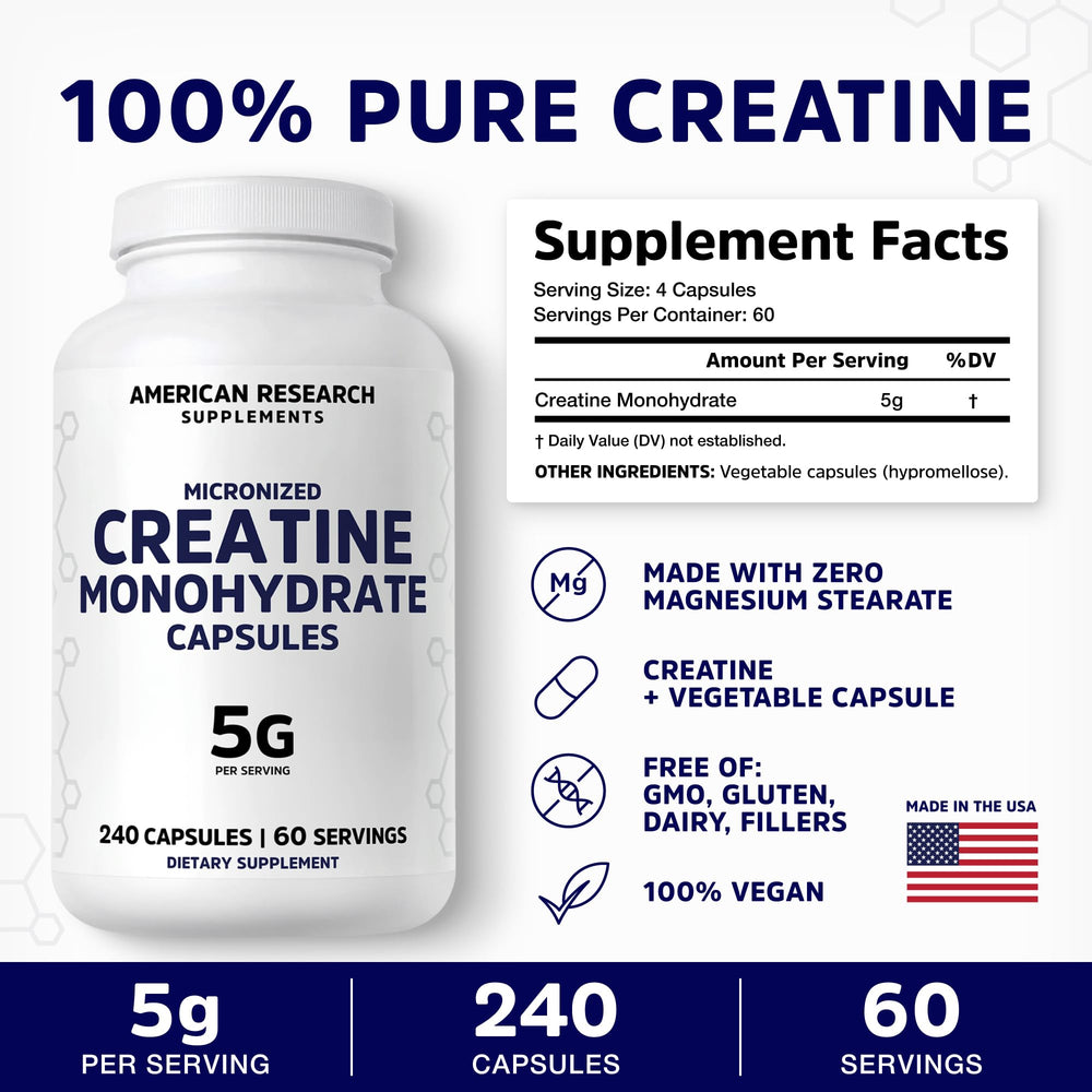 American Research Supplements Creatine Monohydrate Capsules 5G label detail notes vegan capsules and clean formula