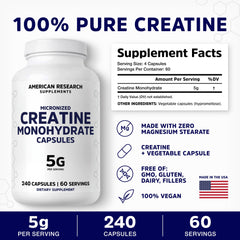 American Research Supplements Creatine Monohydrate Capsules 5G label detail notes vegan capsules and clean formula