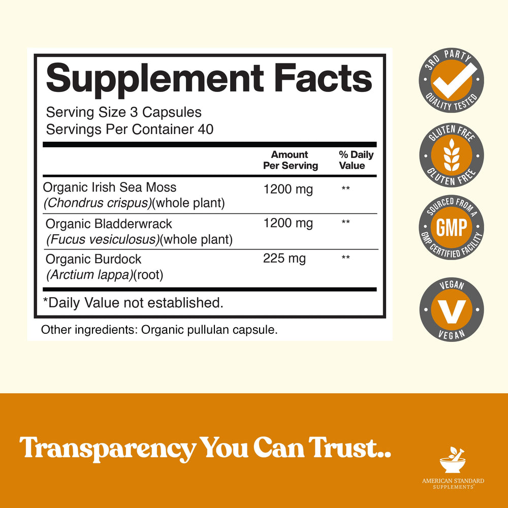 American Standard Supplements Burdock Root capsules ready for vegan, non-GMO routine.