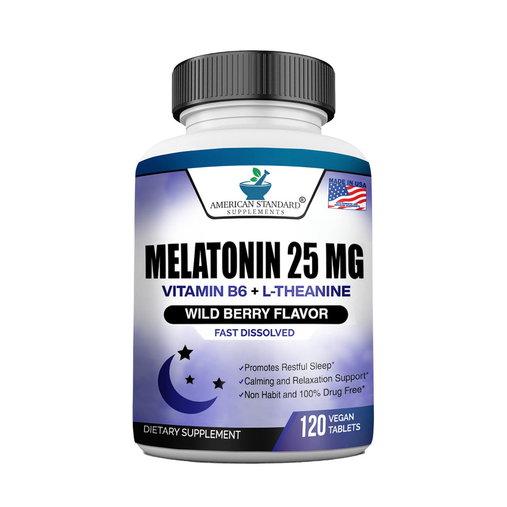 American Standard Supplements Melatonina 25 mg, tableta masticable para descanso.