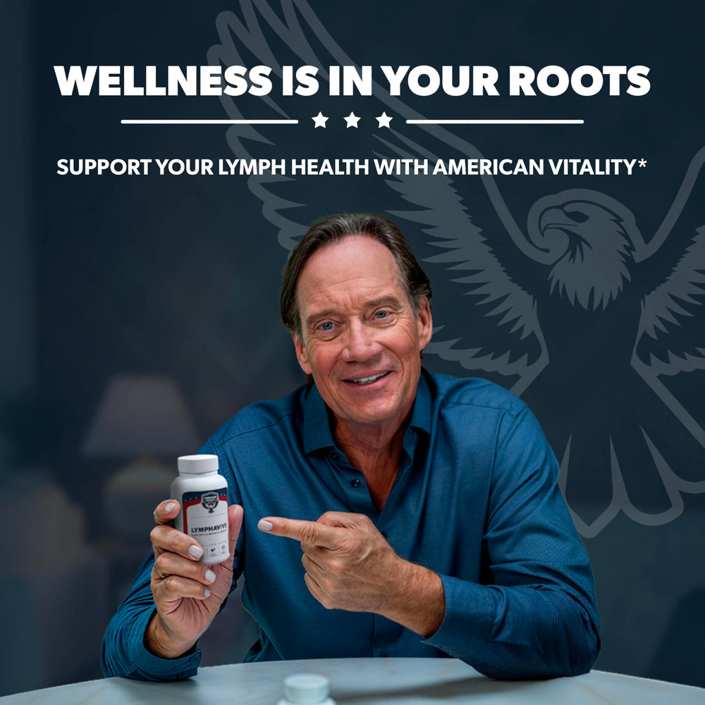 AMERICAN VITALITY LymphaVive bottle on wood suggests natural wellness support