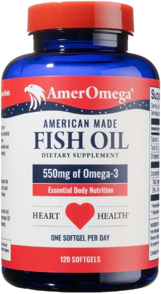 AmerOmega triglyceride-omega3 softgels bottle on shelf signaling heart health support.
