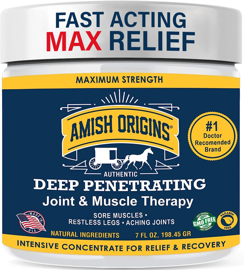 Amish Origins Joint & Muscle Ointment bottle with deep penetrating action for joint comfort.