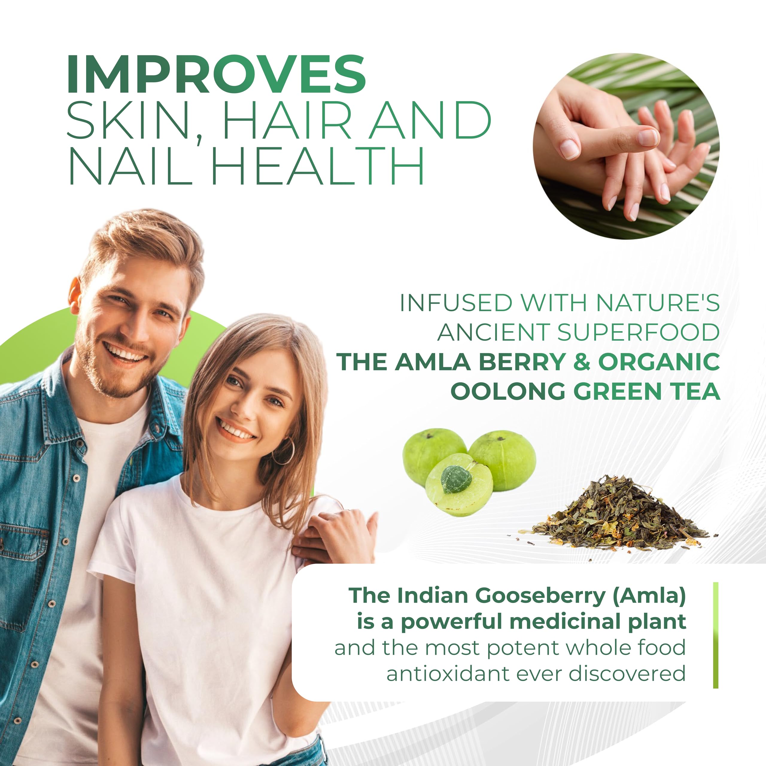 Amla Green scoop dispensing powder into a cup or smoothie.