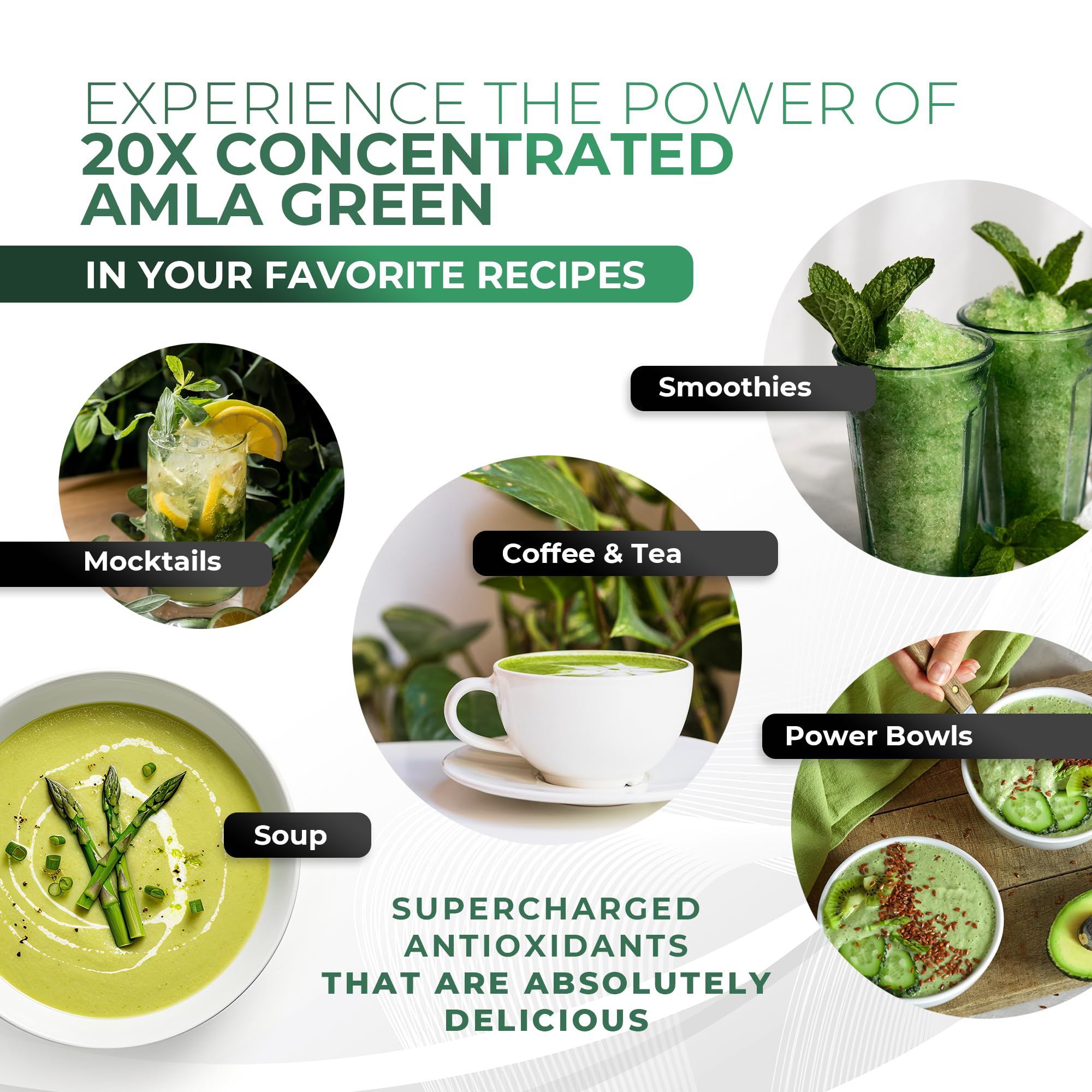 Amla Green decaf green tea powder in a measuring scoop