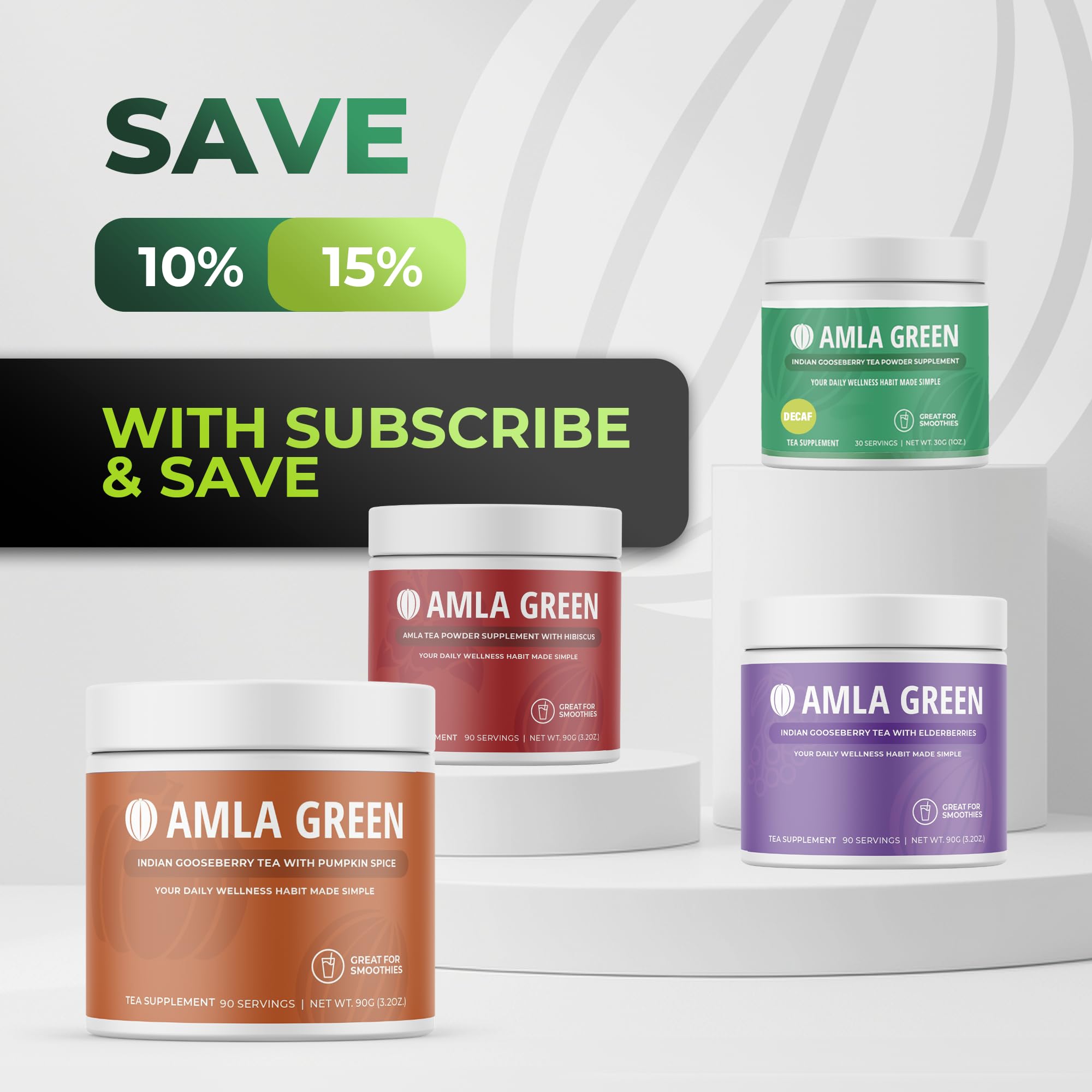 Amla Green powder bottle with minimalist purity label.