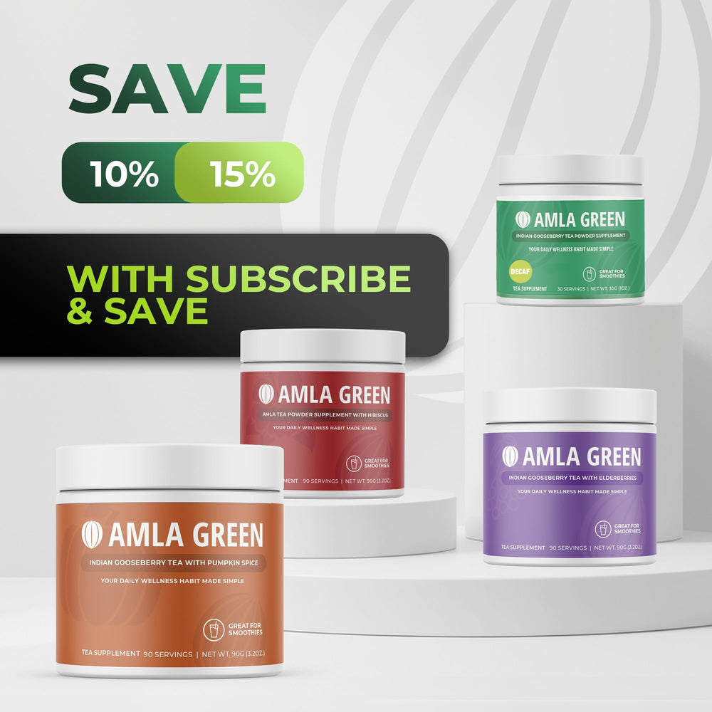 Amla Green powder bottle with minimalist purity label.