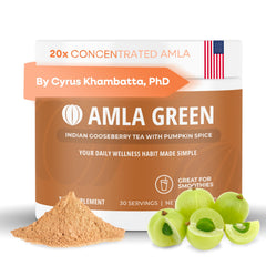 Amla Green pumpkin spice powder tub highlighting high-ORAC antioxidant content.