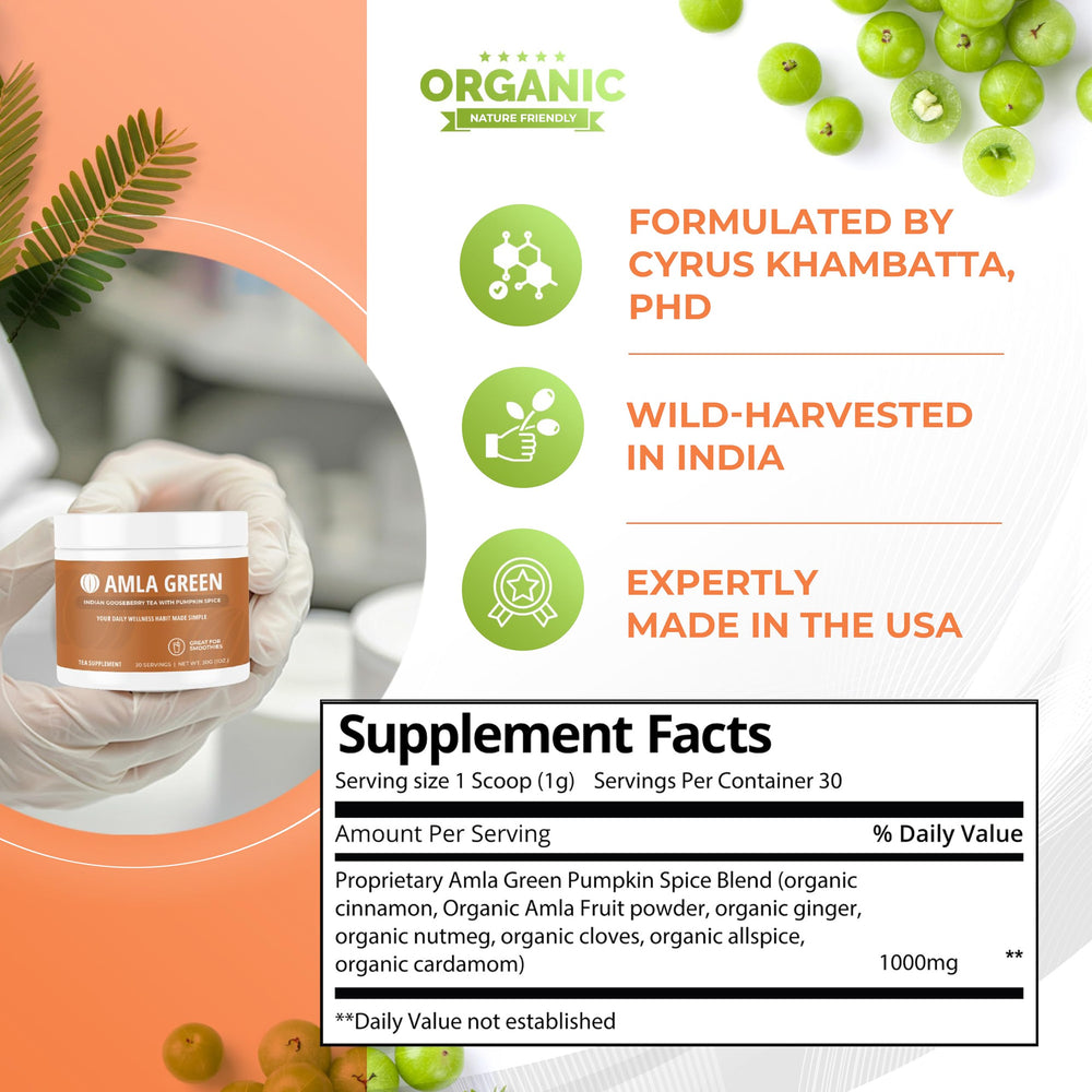 Close-up of the pumpkin spice blend in the Amla Green formula.