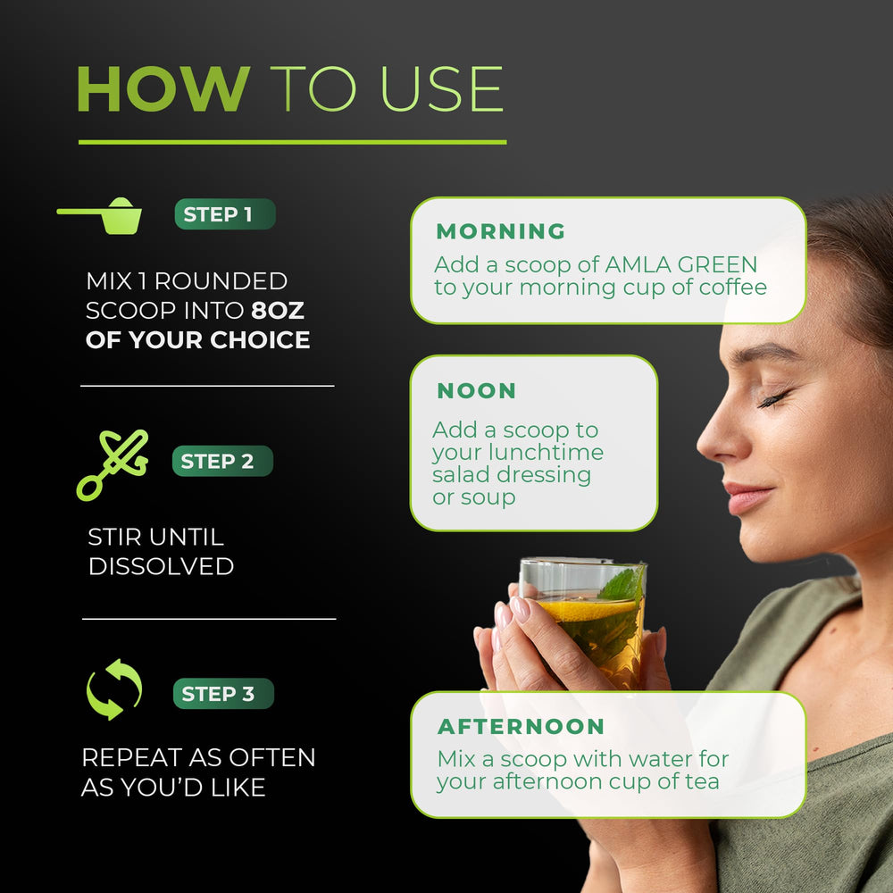 Amla Green decaf tea steam rises from a cup.