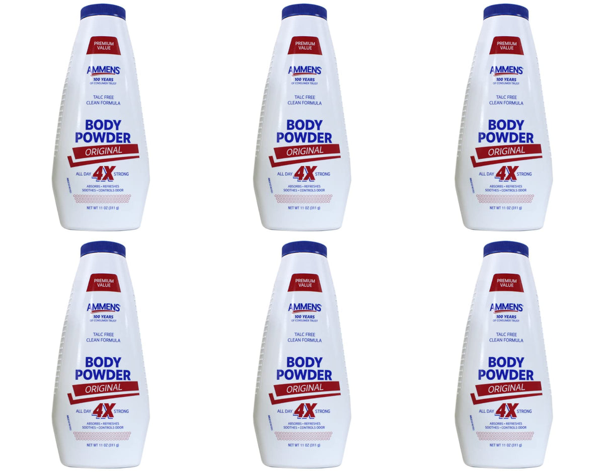 AMMENS Body Powder Original bottle pour for all-day dryness.