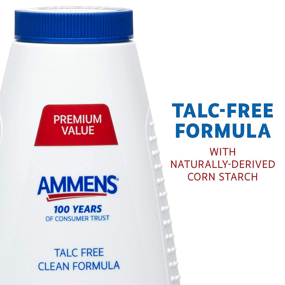 AMMENS Body Powder Original close-up highlights silky texture for soothing skin after irritation.