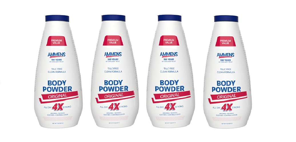 AMMENS Body Powder Original pack of four provides all-day deodorant protection.