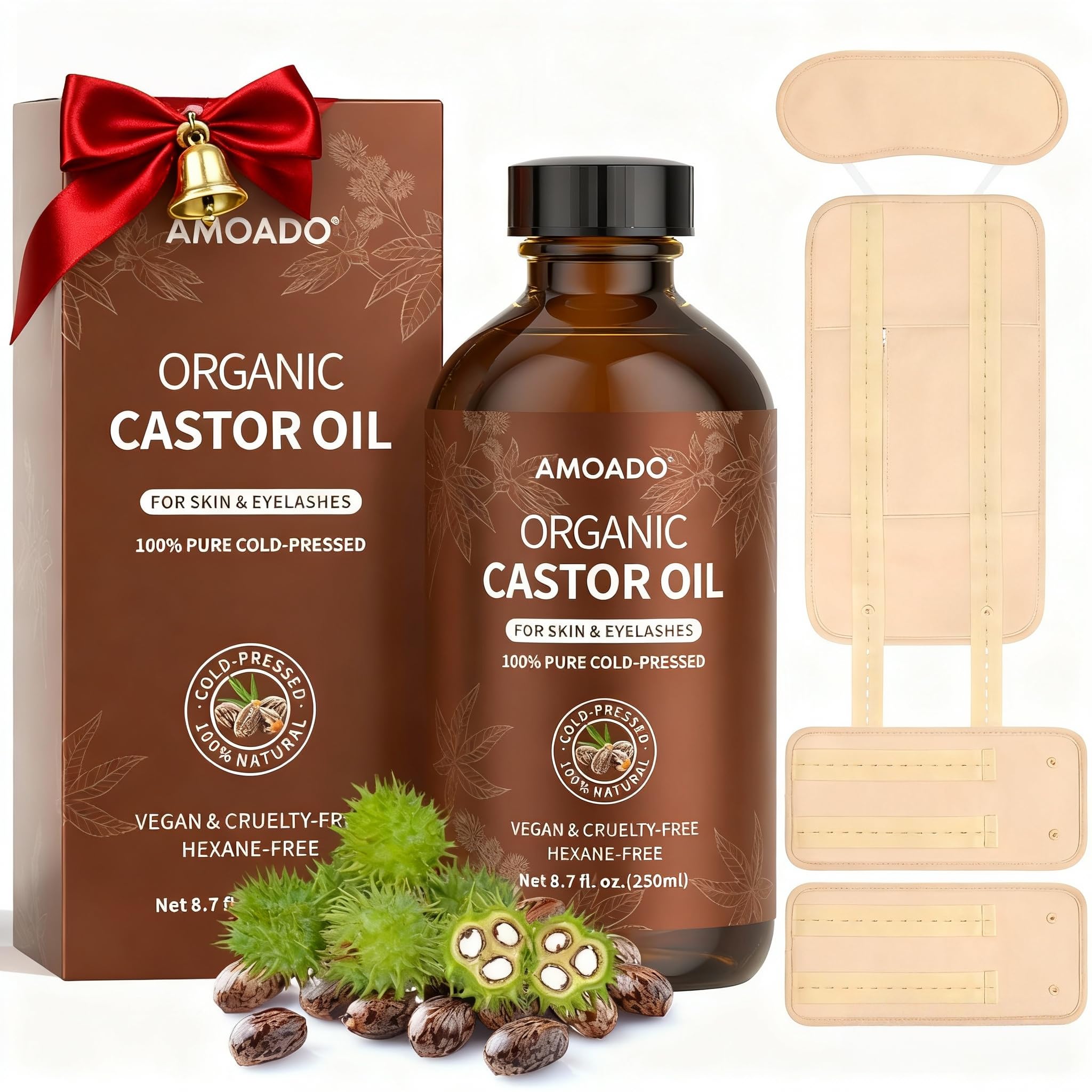 AMOADO castor oil bottle—premium cold-pressed oil for skin and hair hydration.
