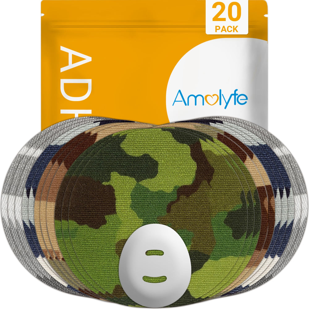 Amolyfe Dexcom G7 overpatch in camo design providing durable, bump-protective coverage.