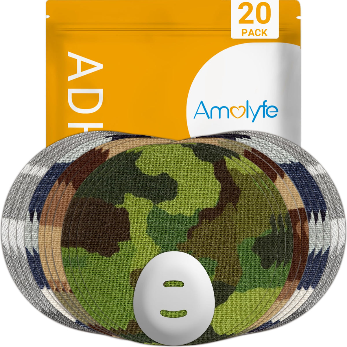 Amolyfe Dexcom G7 overpatch in camo design providing durable, bump-protective coverage.