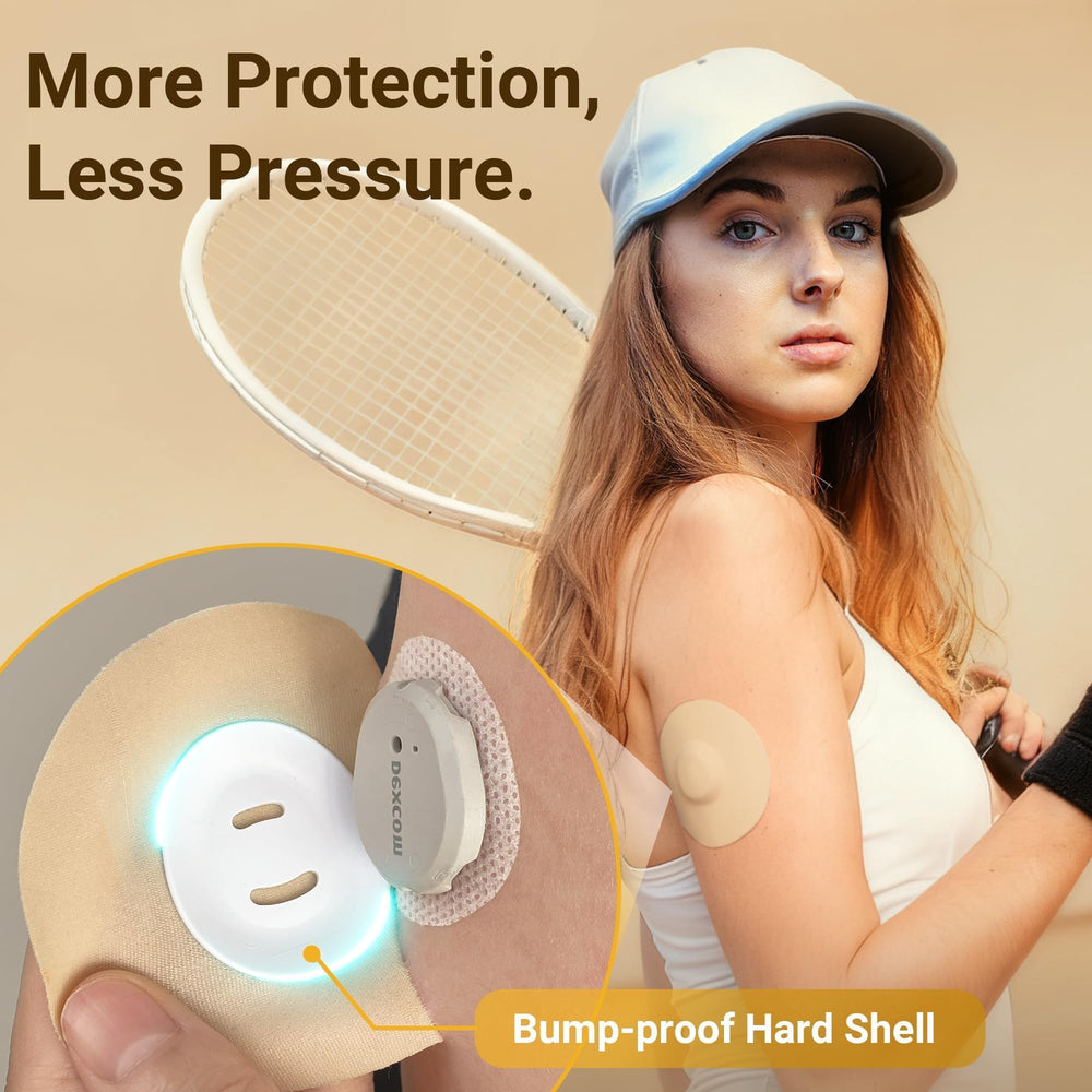 Amolyfe Dexcom G7 overpatch latex-free adhesive resists sweat and showers.