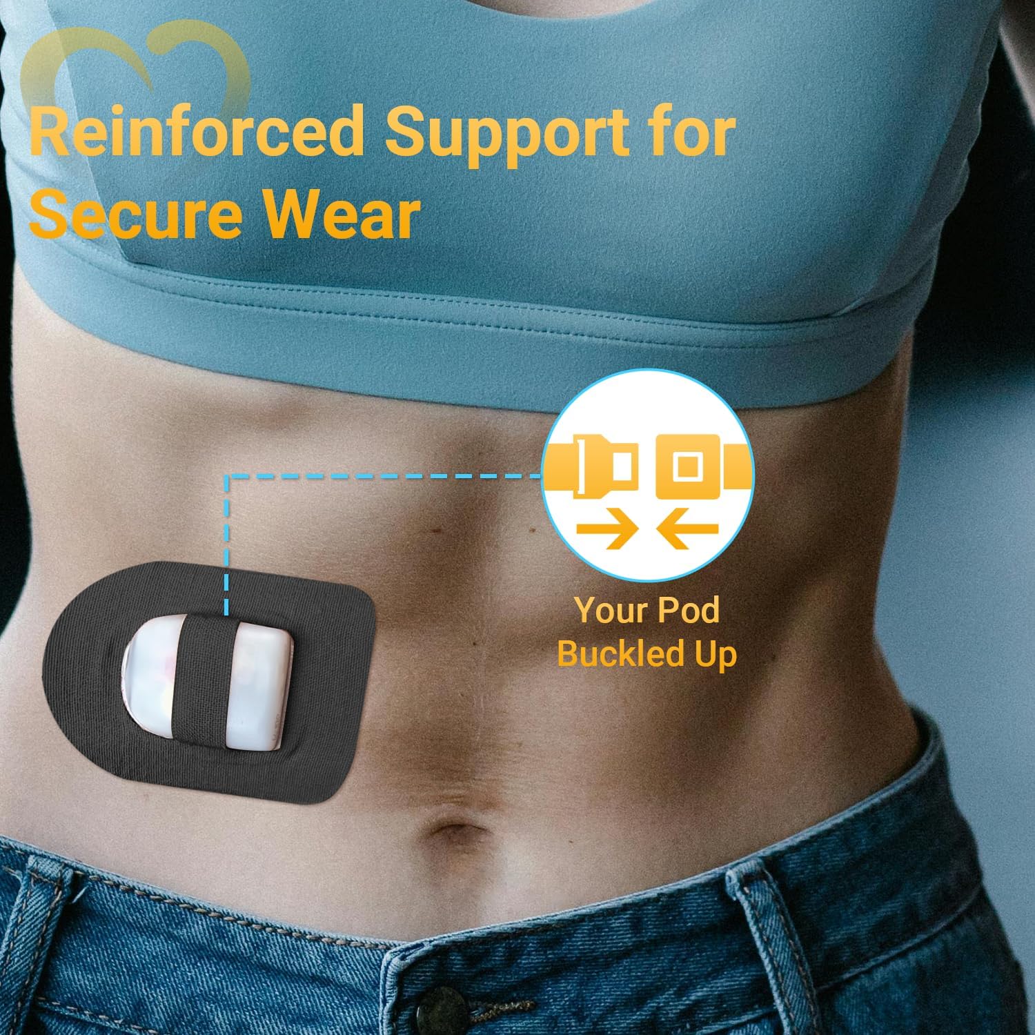 Amolyfe Omnipod5 adhesive patches stretched over pod showing stretchable middle strap