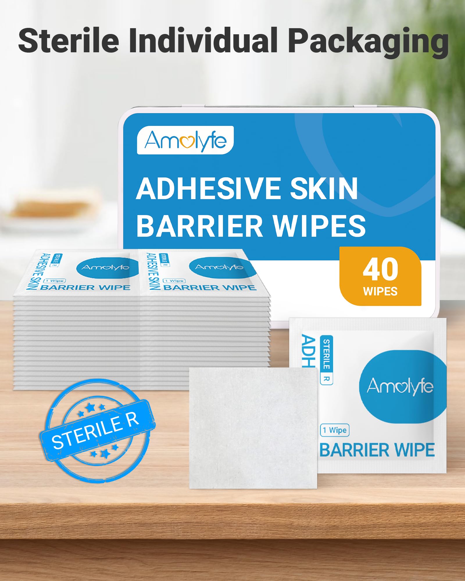 Amolyfe wipes used with bandages and ostomy adhesives to reduce irritation.