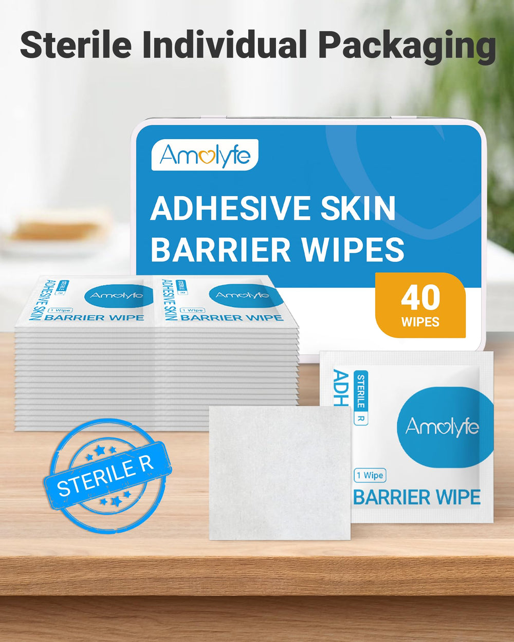 Amolyfe wipes used with bandages and ostomy adhesives to reduce irritation.