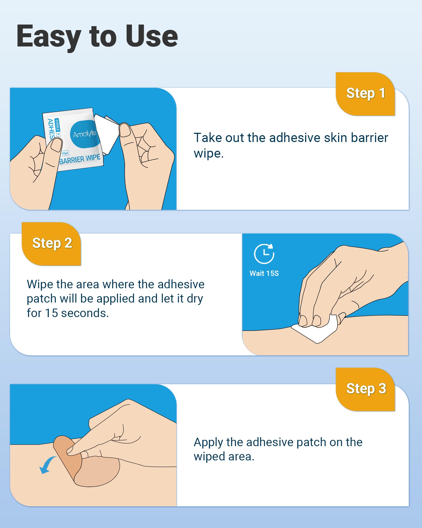 Amolyfe wipes prepared for sensitive skin and comfortable barrier prep.