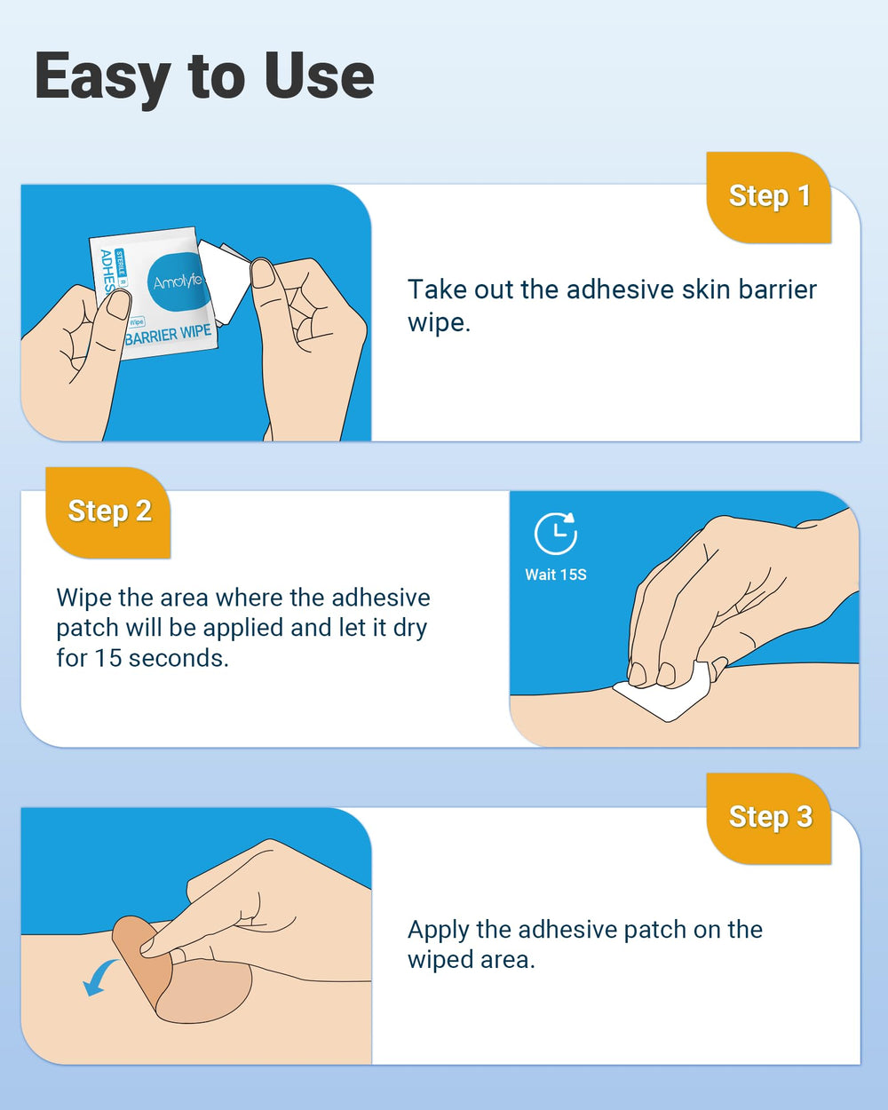 Amolyfe wipes prepared for sensitive skin and comfortable barrier prep.