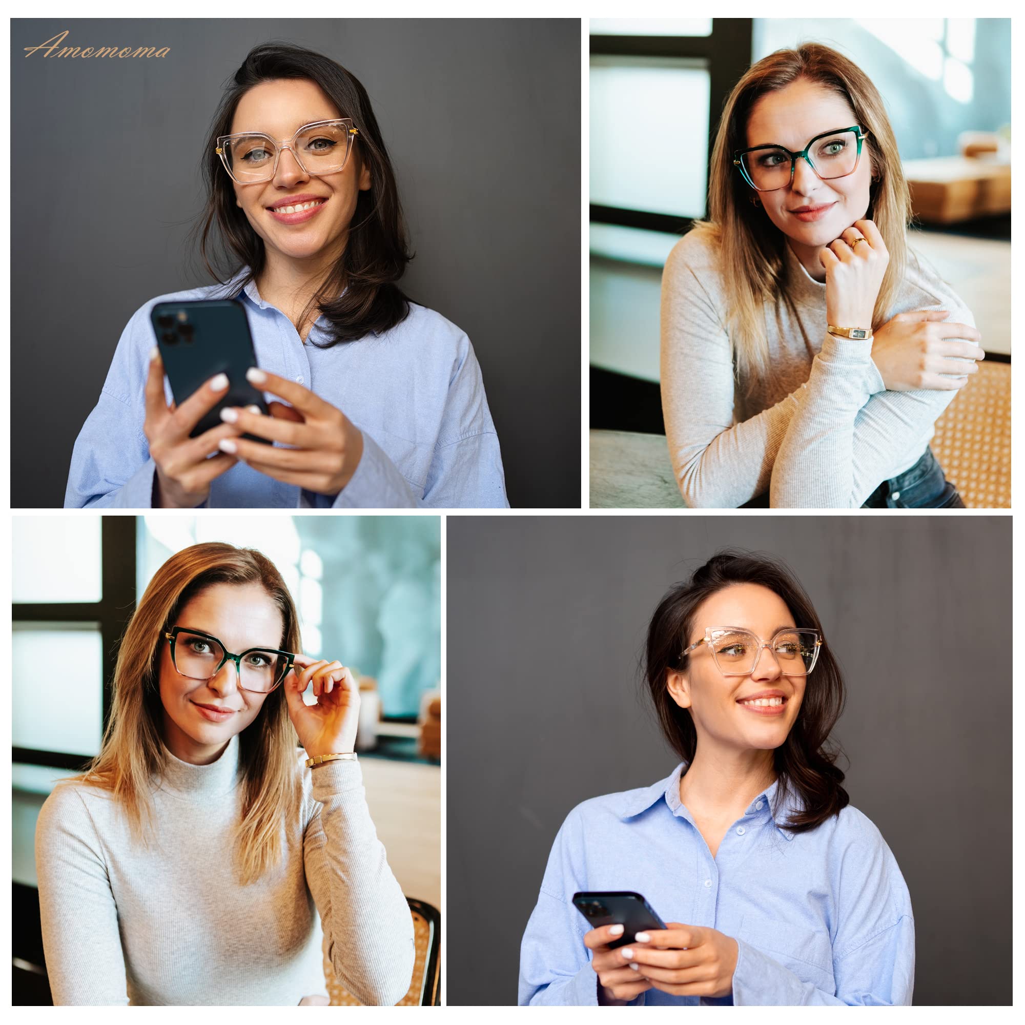 AMOMOMA 2-pack square blue light reading glasses women side view for all-day wear.
