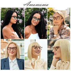 AMOMOMA cat-eye clear plastic frames enhancing style while reducing glare.