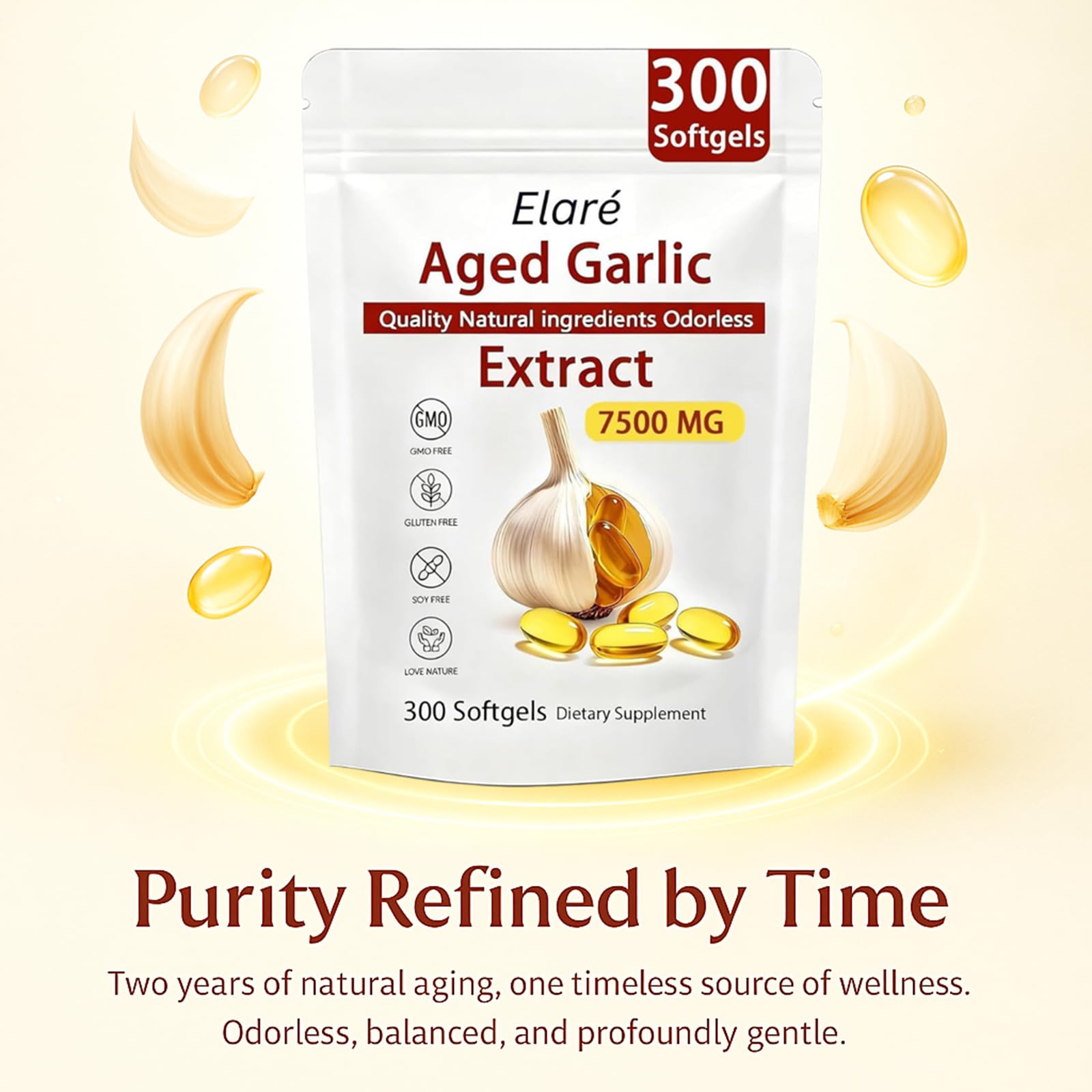 AMOQUCT Elare aged garlic extract bottle and softgels for routine