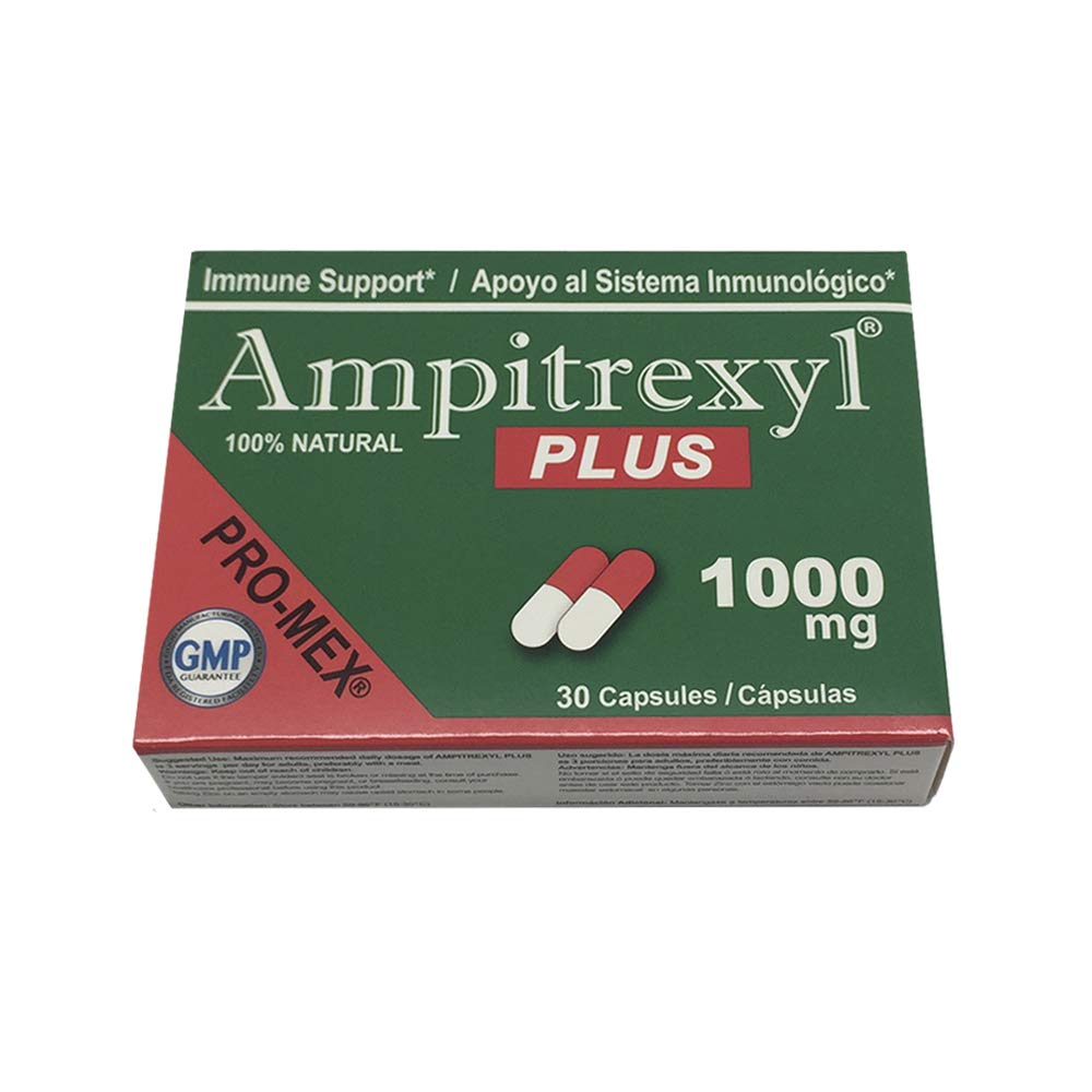 Ampitrexyl Plus 1000mg bottle label showing herbal blend for immune support.