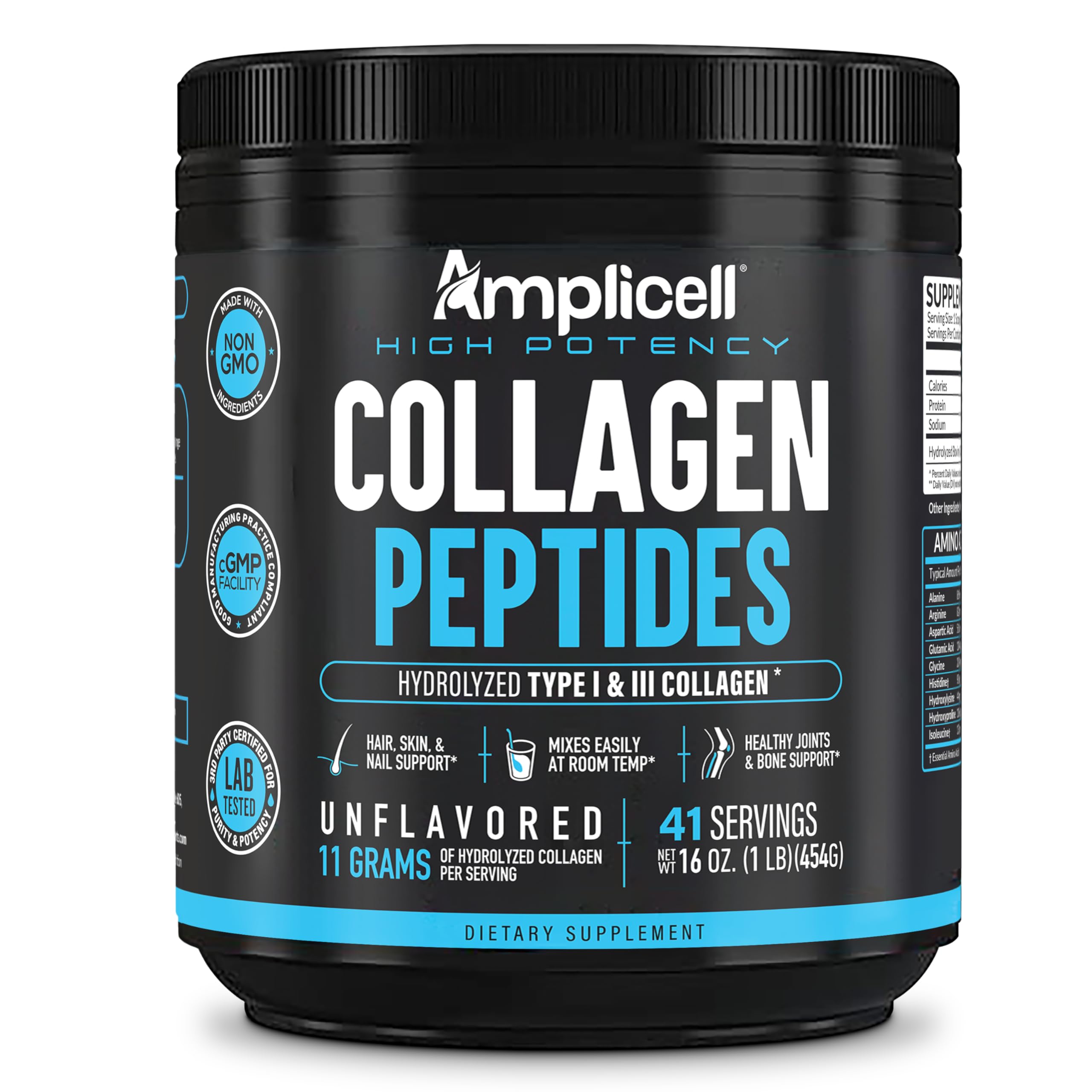 Scoop and tub of Amplicell collagen powder ready for daily use.