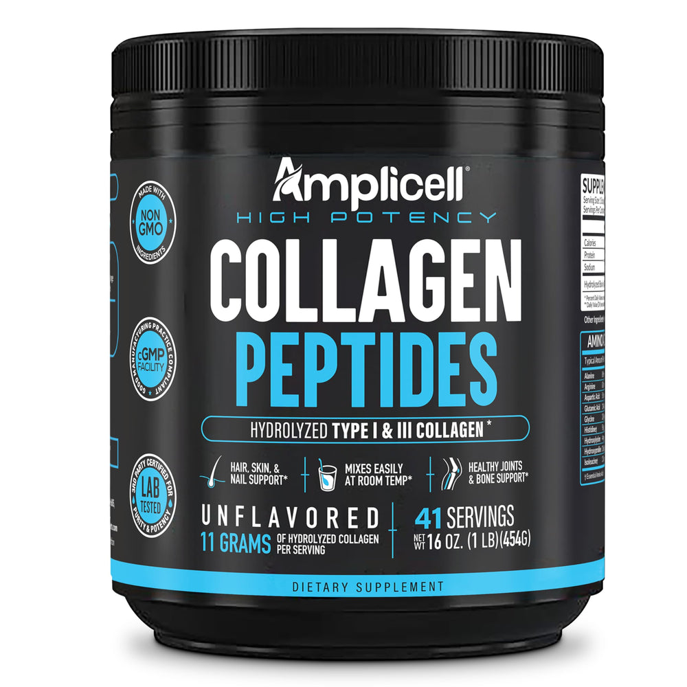 Scoop and tub of Amplicell collagen powder ready for daily use.
