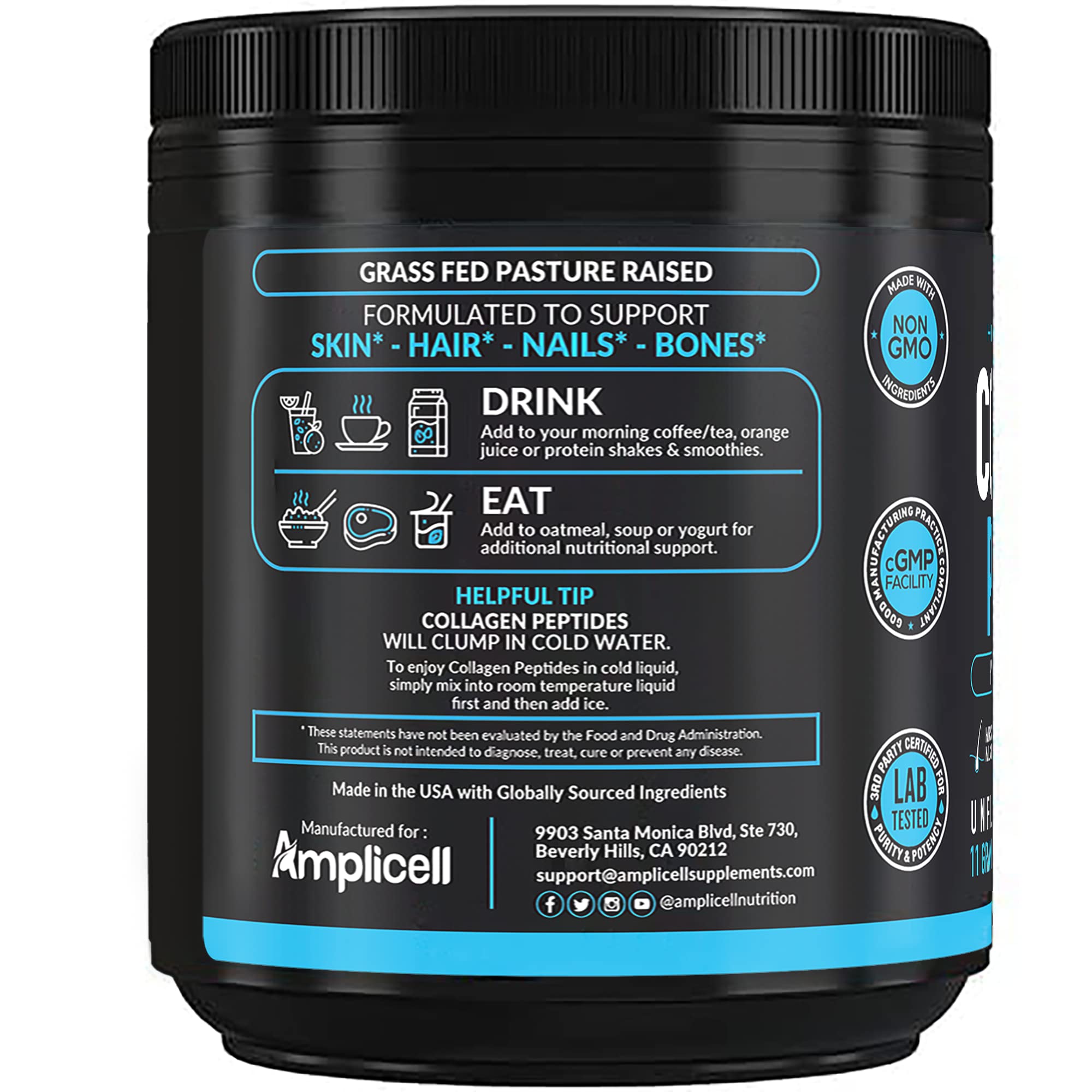 Tea with Amplicell collagen powder for subtle, hydration-focused use.