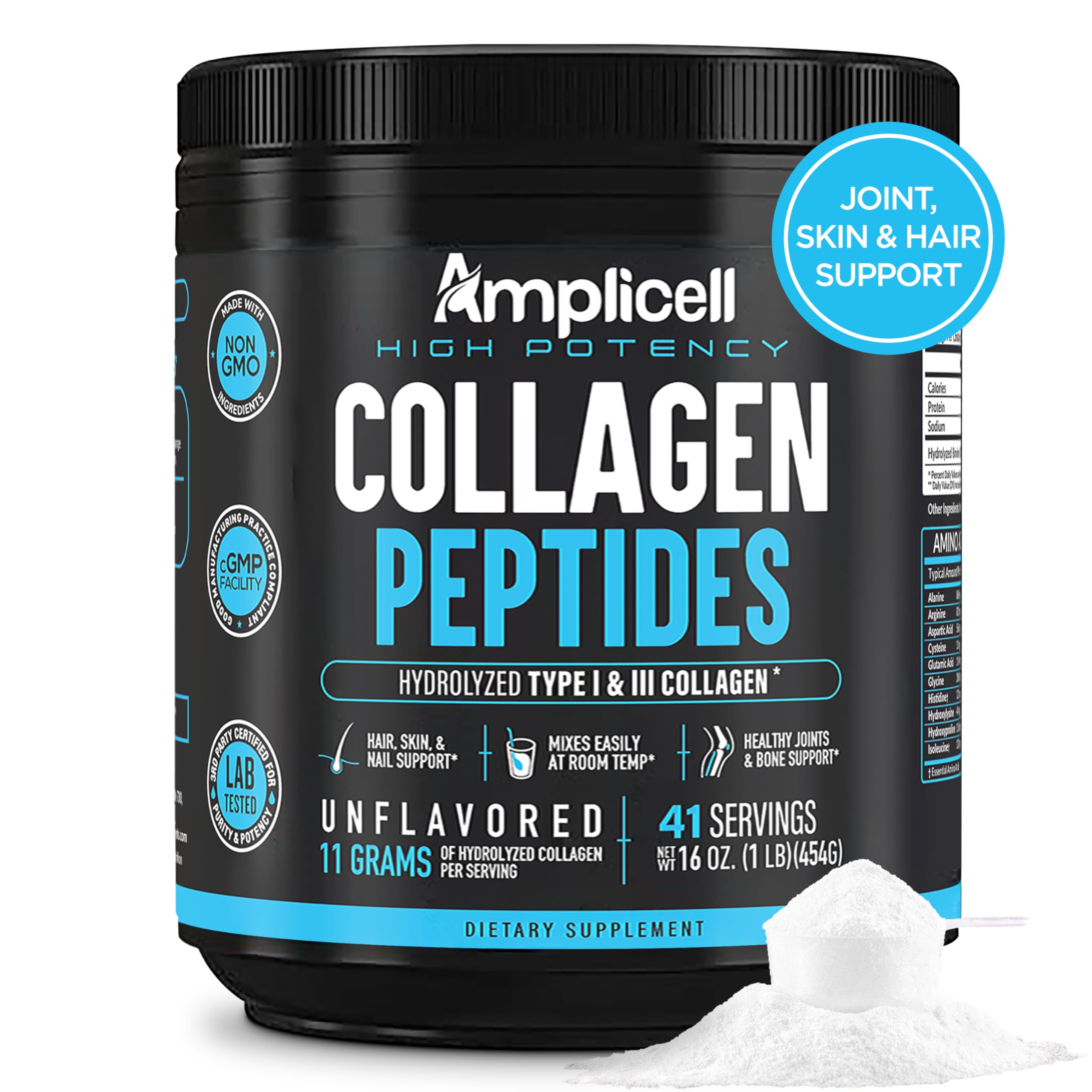 Amplicell Multi Collagen Peptides powder tub front for skin, hair and nails support.