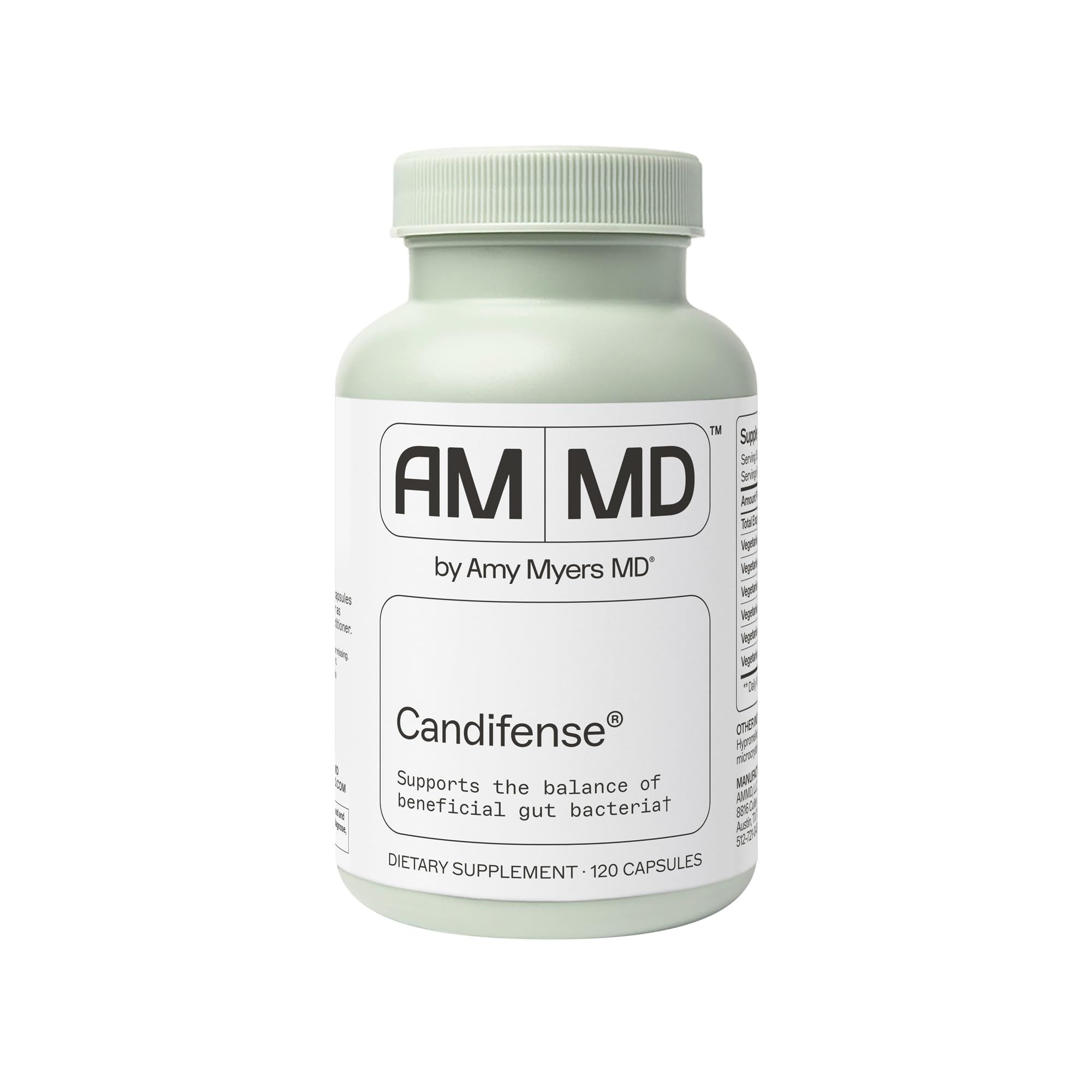 Amy Myers MD Candifense bottle closeup highlighting plant-based enzymes for gut balance