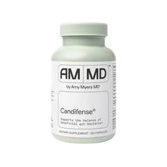 Amy Myers MD Candifense bottle closeup highlighting plant-based enzymes for gut balance