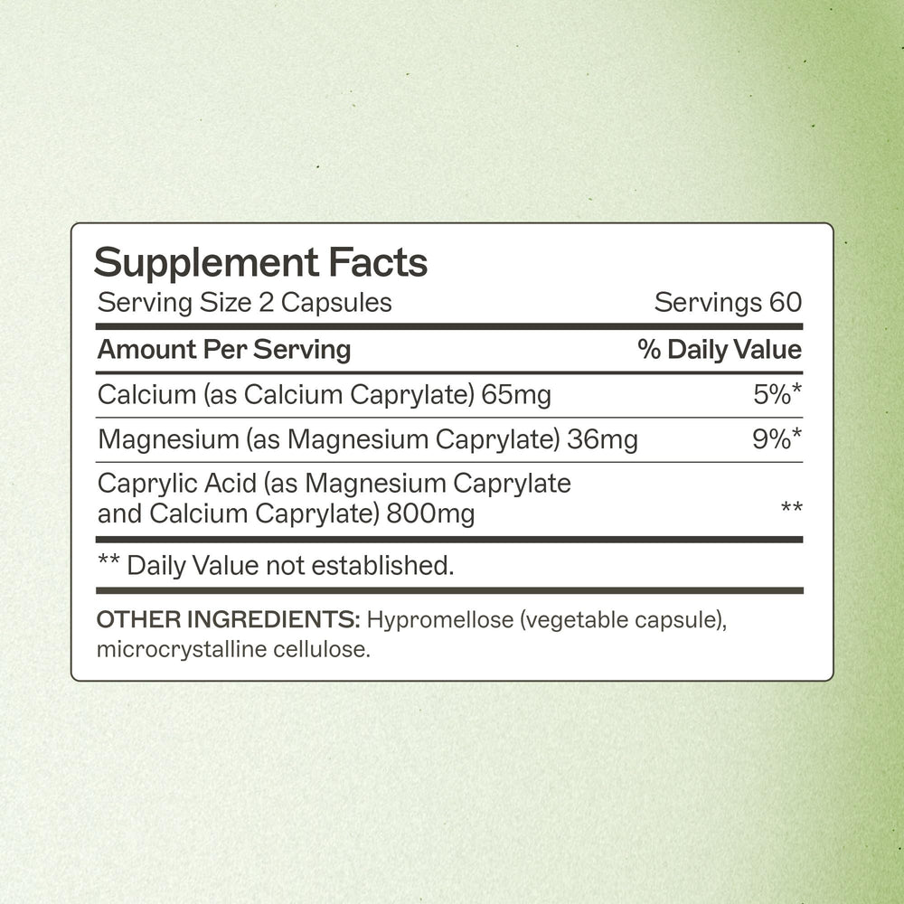 Close-up of Amy Myers MD Caprylic Acid capsules highlighting gentle digestion support.