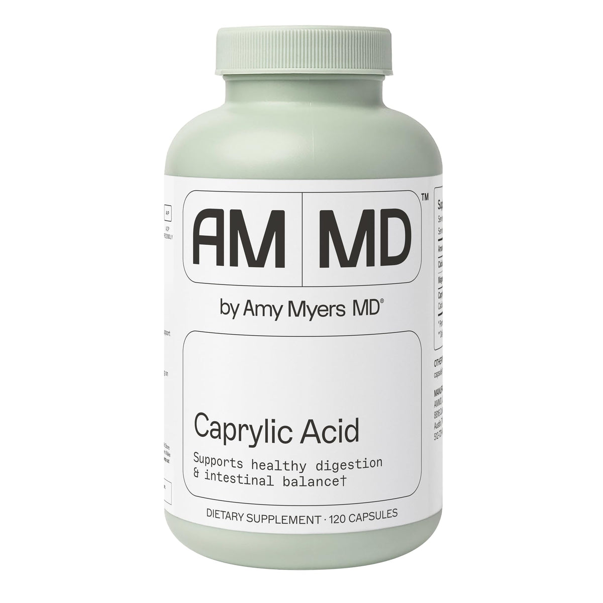 Amy Myers MD Caprylic Acid bottle on a kitchen counter supporting balanced digestion.