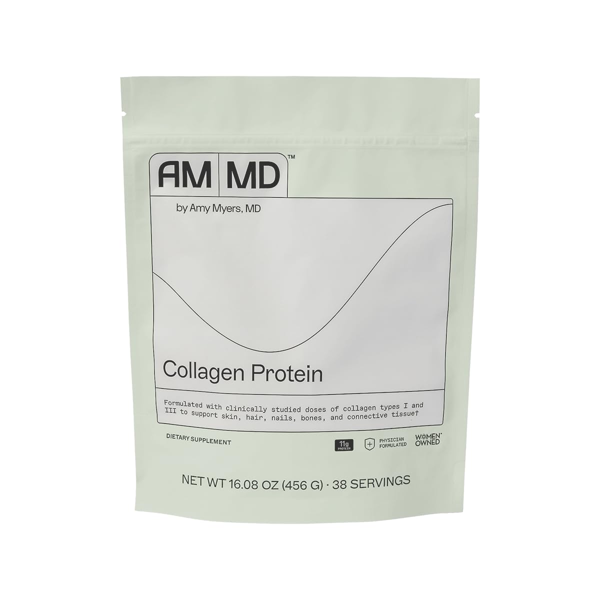 Amy Myers MD collagen protein powder bottle highlighting grass-fed collagen for skin and hair support