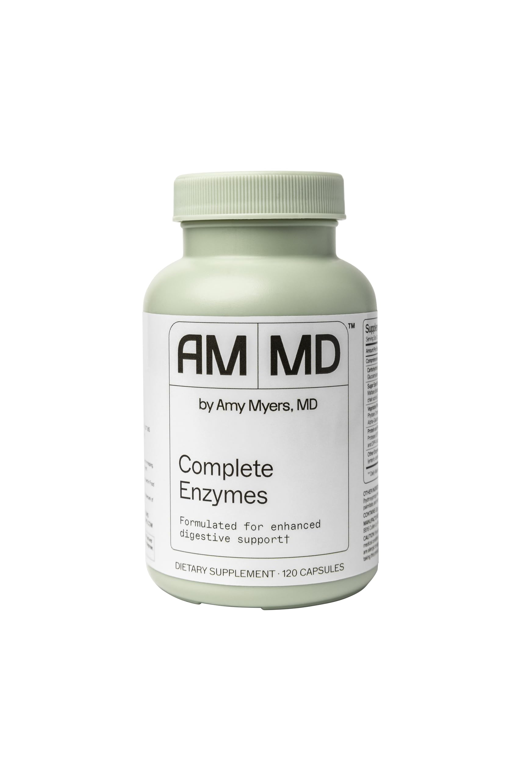 Amy Myers MD Complete Enzymes bottle closed shows practical digestive support potential.