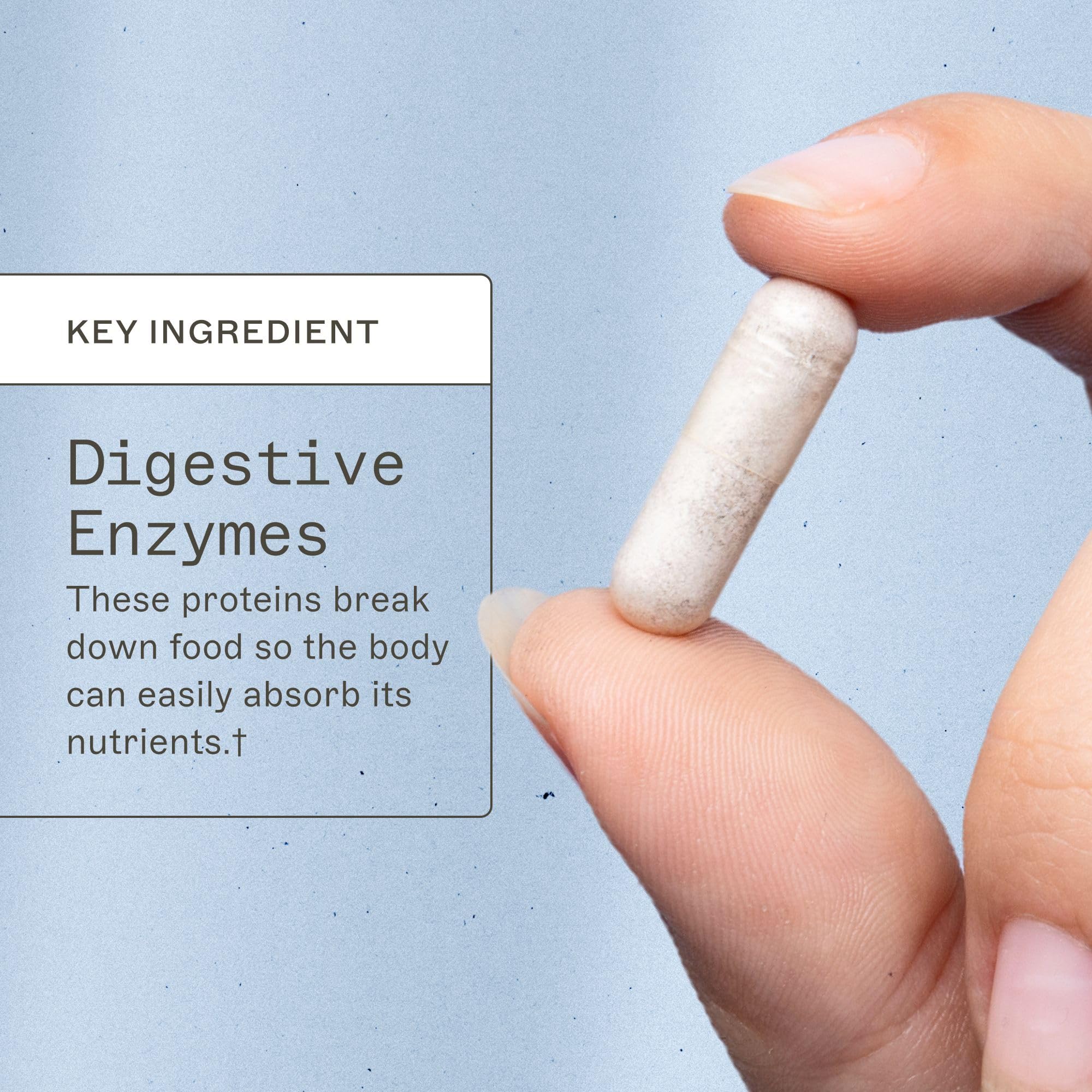 Amy Myers MD Complete Enzymes bottle dispensing pills demonstrates on-the-go digestive support.