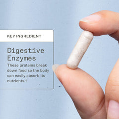 Amy Myers MD Complete Enzymes bottle dispensing pills demonstrates on-the-go digestive support.