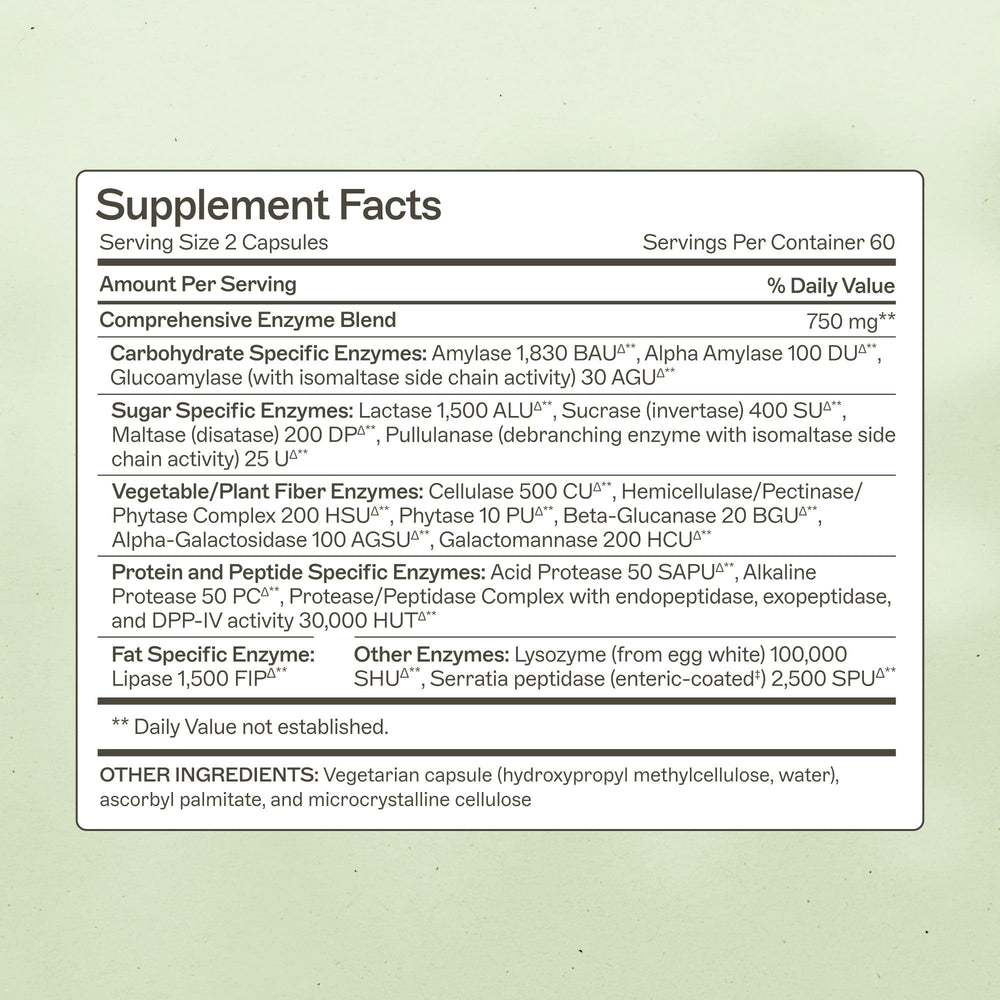 Amy Myers MD Complete Enzymes capsules aid digestion of proteins and fats with meals.
