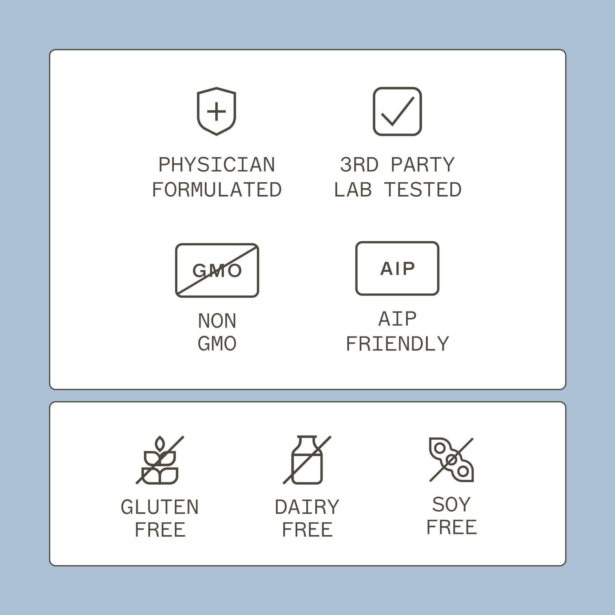 Amy Myers MD Complete Enzymes nutrition facts label emphasizes gluten-free and dairy-free compatibility.