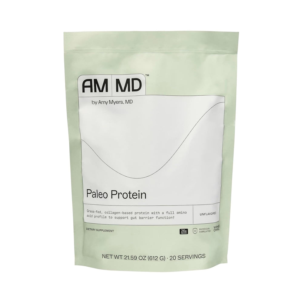 Amy Myers MD Paleo Protein Unflavored bottle showing grass-fed collagen blend for gut health support