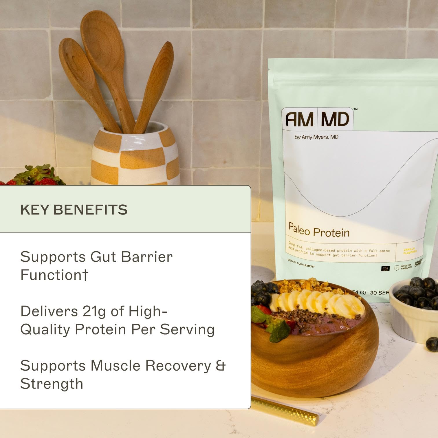 Amy Myers MD Paleo Protein Powder ingredients panel highlights gluten-free and non-dairy formula