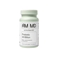 Amy Myers MD Probiotics 30B bottle front showing 14 strains for daily digestive balance.